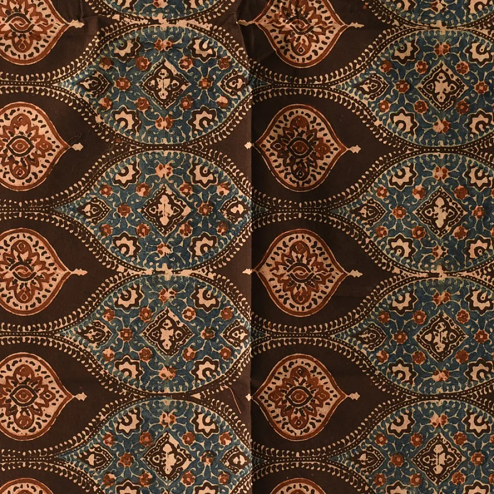 Square Ajrakh cotton scarf featuring hand-block printed teardrop motifs in natural indigo and madder red on a deep brown base.