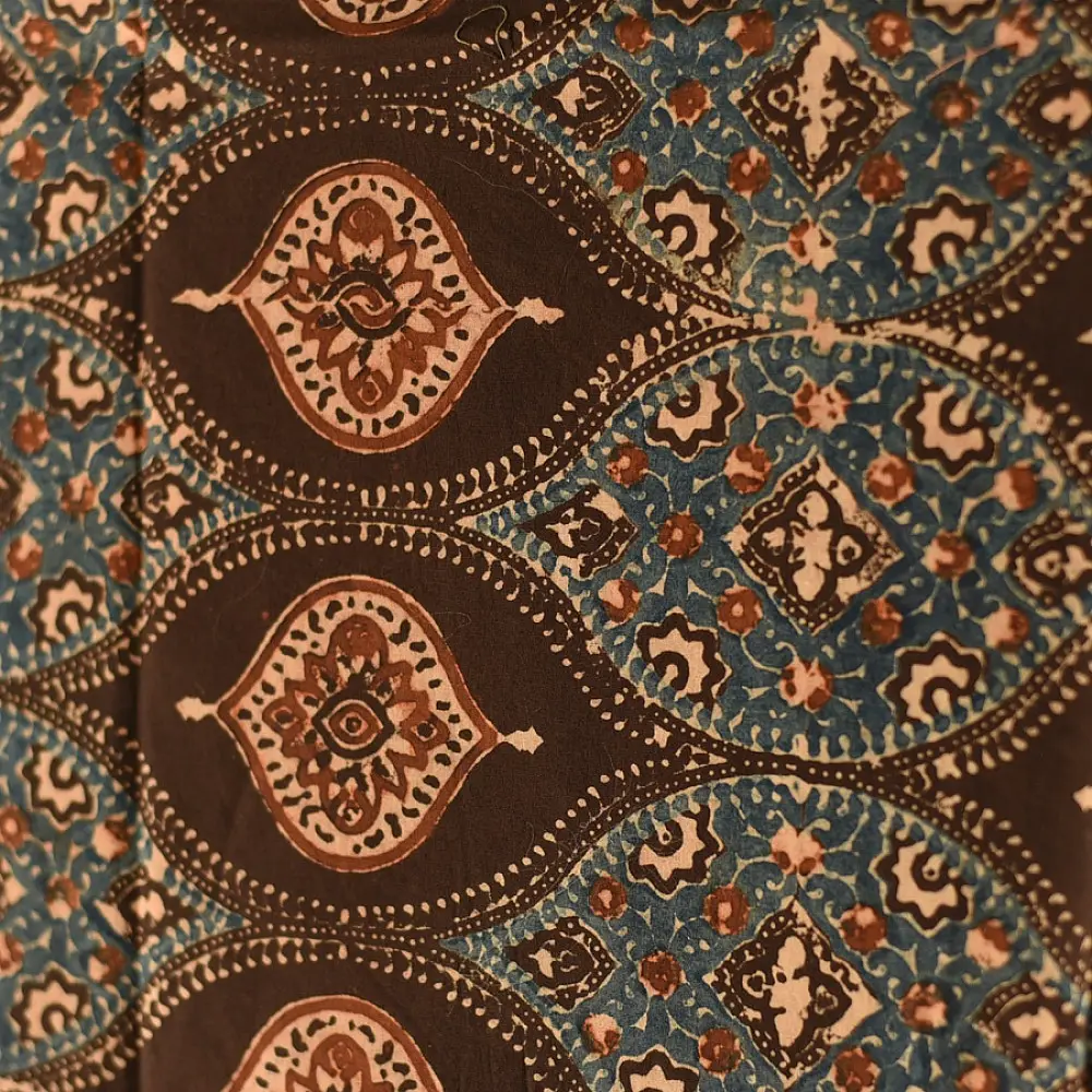 Square Ajrakh cotton scarf featuring hand-block printed teardrop motifs in natural indigo and madder red on a deep brown base.