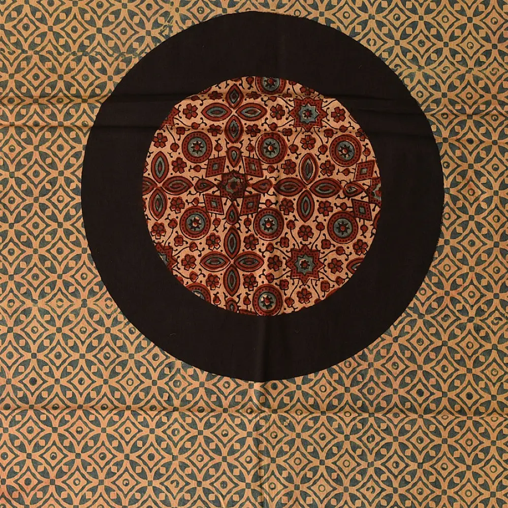 terracotta madder red ajrakh cotton stole hand block printed large circular chand moon medallion geometric lattice body ornate floral mihrab border traditional artisanal scarf sustainable fashion natural dyed with tassels