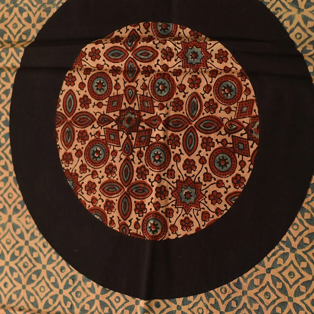 terracotta madder red ajrakh cotton stole hand block printed large circular chand moon medallion geometric lattice body ornate floral mihrab border traditional artisanal scarf sustainable fashion natural dyed with tassels