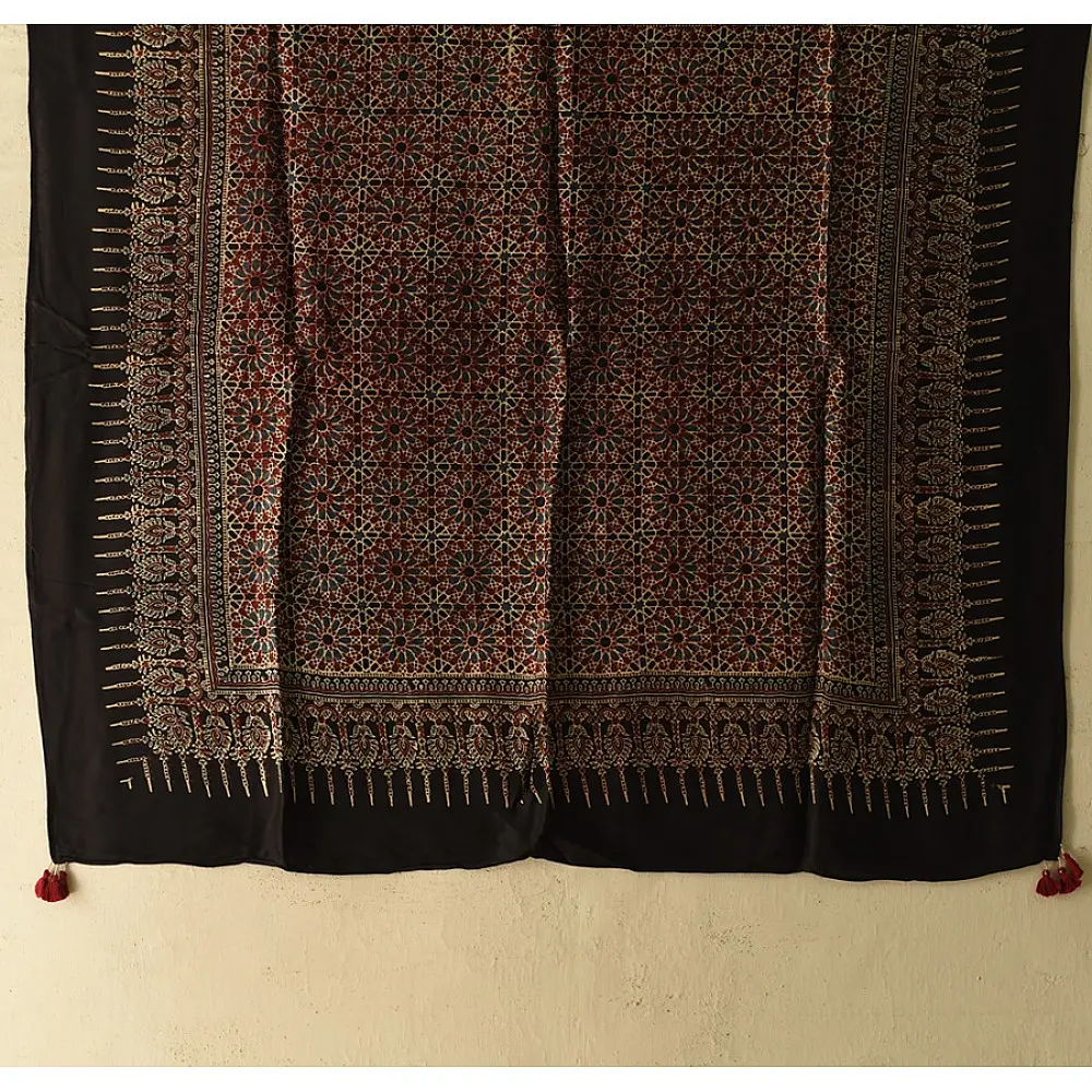 black ajrakh silk square scarf hand block printed rust indigo geometric pattern tassel scarf