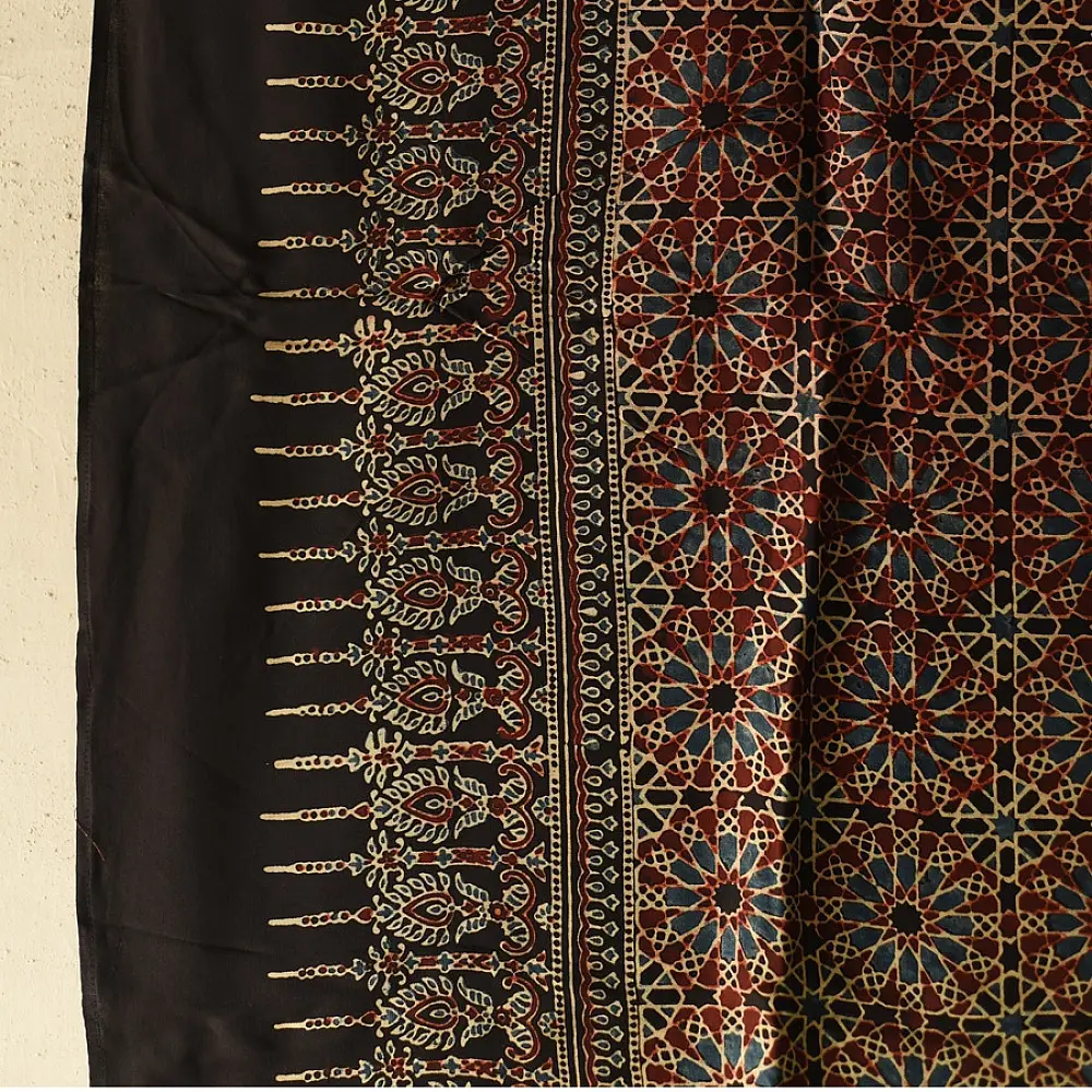 black ajrakh silk square scarf hand block printed rust indigo geometric pattern tassel scarf