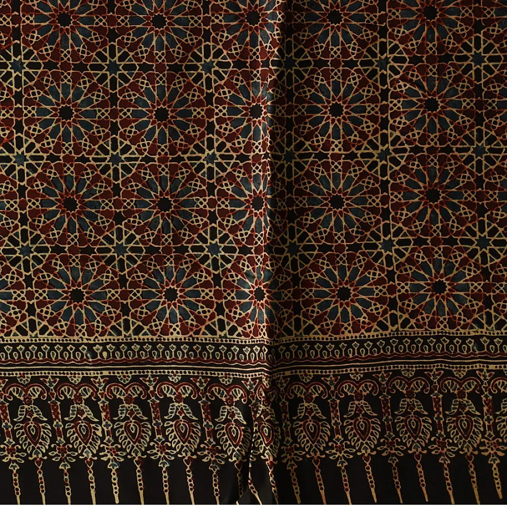 black ajrakh silk square scarf hand block printed rust indigo geometric pattern tassel scarf