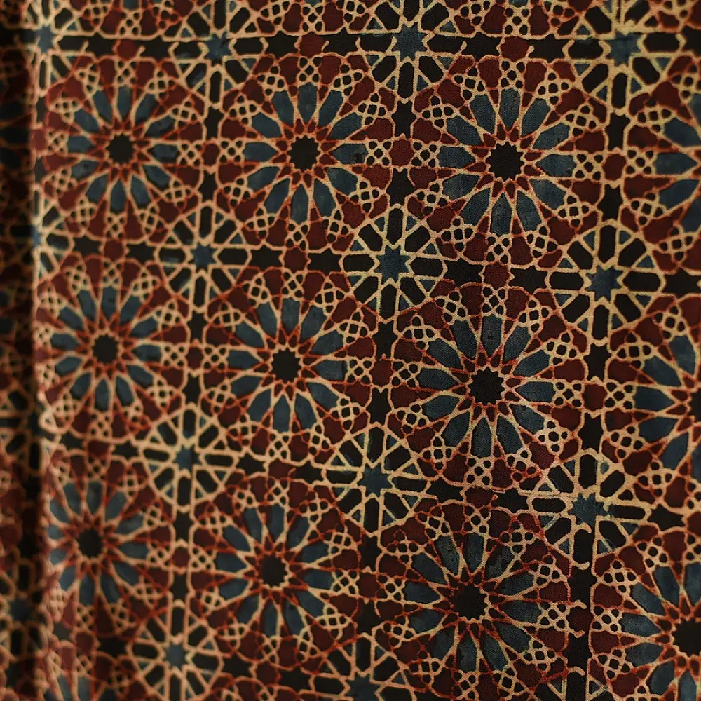 black ajrakh silk square scarf hand block printed rust indigo geometric pattern tassel scarf