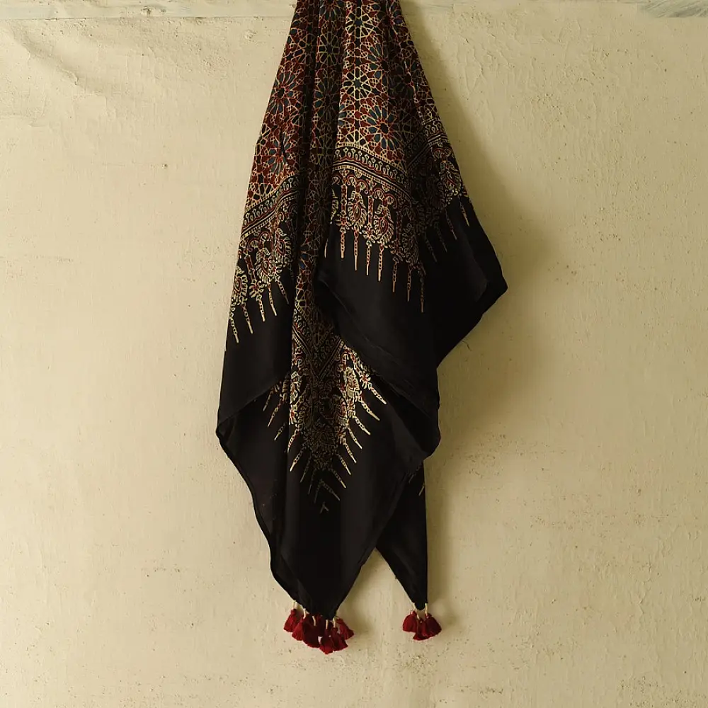 black ajrakh silk square scarf hand block printed rust indigo geometric pattern tassel scarf