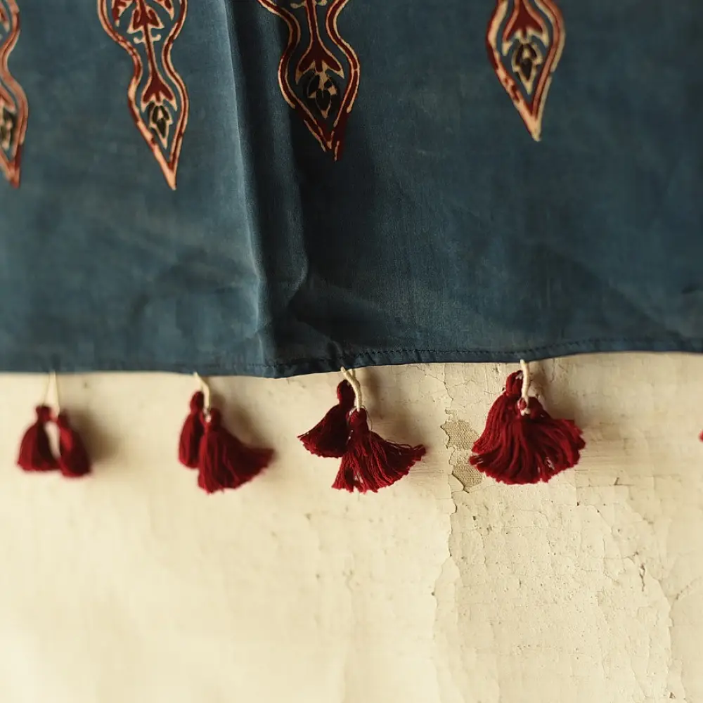 deep indigo blue madder red ajrakh modal silk dupatta hand block printed patchwork body chand moon medallion motifs ornate petal pallu traditional mihrab arched detail wedding festive wear sustainable luxury natural dyed with tassels