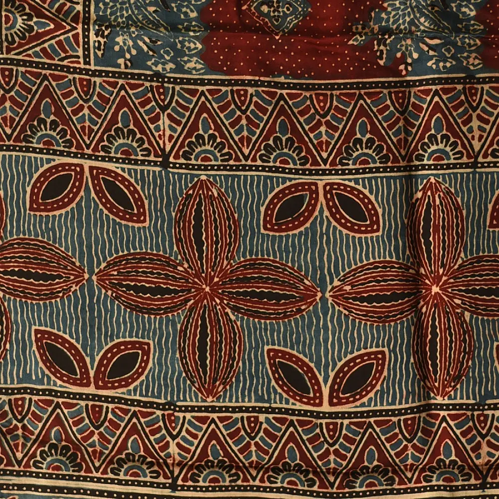 deep indigo blue madder red ajrakh modal silk dupatta hand block printed patchwork body chand moon medallion motifs ornate petal pallu traditional mihrab arched detail wedding festive wear sustainable luxury natural dyed with tassels