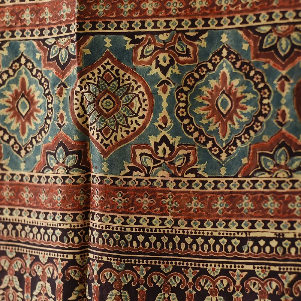 mulberry silk ajrakh dupatta chocolate brown indigo blue chand-buti moon medallion jaal block print minaret border red tassels hand block printed natural dyed silk dupatta