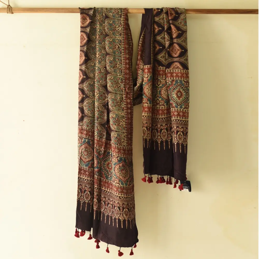 mulberry silk ajrakh dupatta chocolate brown indigo blue chand-buti moon medallion jaal block print minaret border red tassels hand block printed natural dyed silk dupatta
