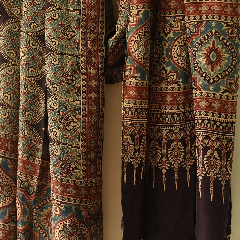 mulberry silk ajrakh dupatta chocolate brown indigo blue chand-buti moon medallion jaal block print minaret border red tassels hand block printed natural dyed silk dupatta
