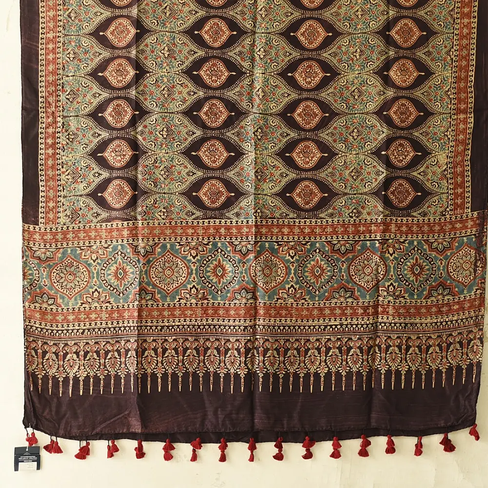 mulberry silk ajrakh dupatta chocolate brown indigo blue chand-buti moon medallion jaal block print minaret border red tassels hand block printed natural dyed silk dupatta