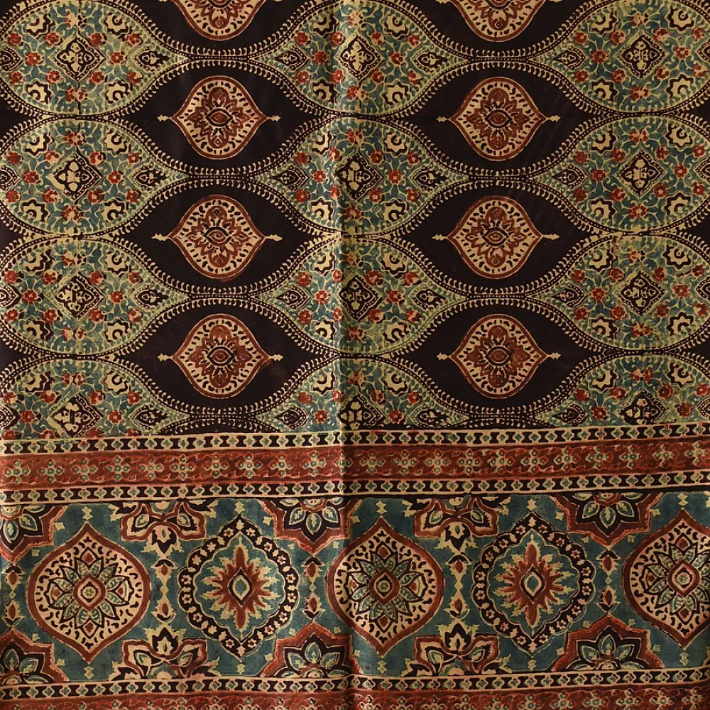 mulberry silk ajrakh dupatta chocolate brown indigo blue chand-buti moon medallion jaal block print minaret border red tassels hand block printed natural dyed silk dupatta