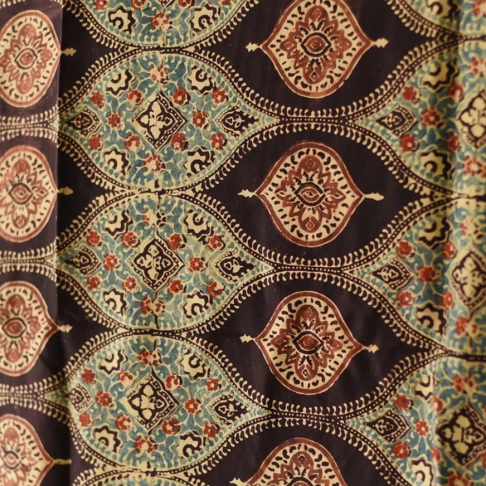 mulberry silk ajrakh dupatta chocolate brown indigo blue chand-buti moon medallion jaal block print minaret border red tassels hand block printed natural dyed silk dupatta