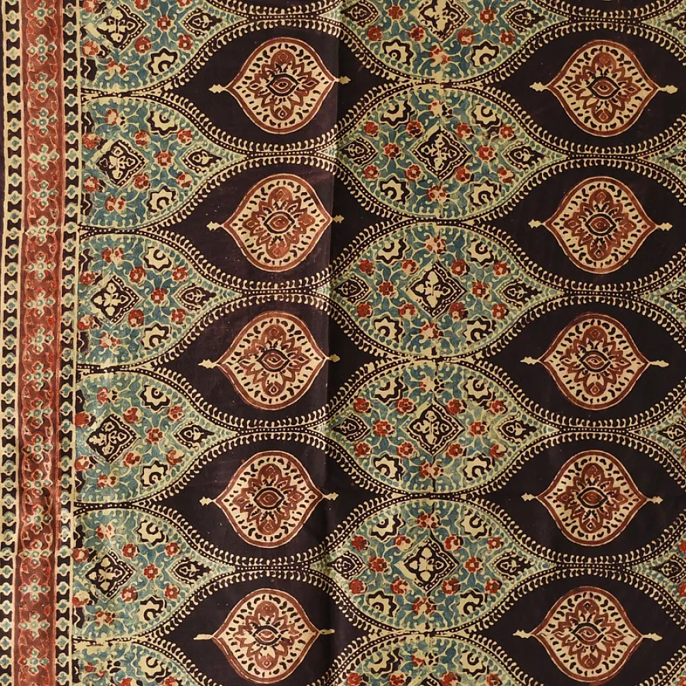mulberry silk ajrakh dupatta chocolate brown indigo blue chand-buti moon medallion jaal block print minaret border red tassels hand block printed natural dyed silk dupatta