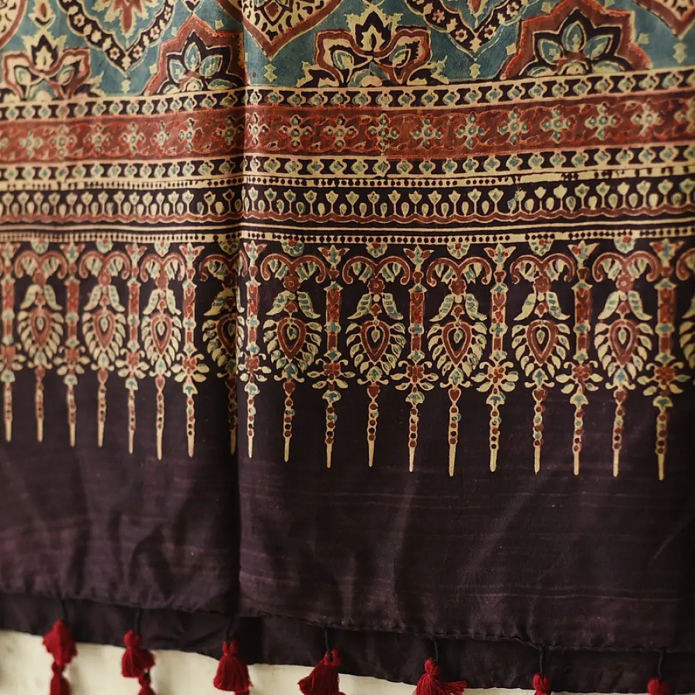 mulberry silk ajrakh dupatta chocolate brown indigo blue chand-buti moon medallion jaal block print minaret border red tassels hand block printed natural dyed silk dupatta