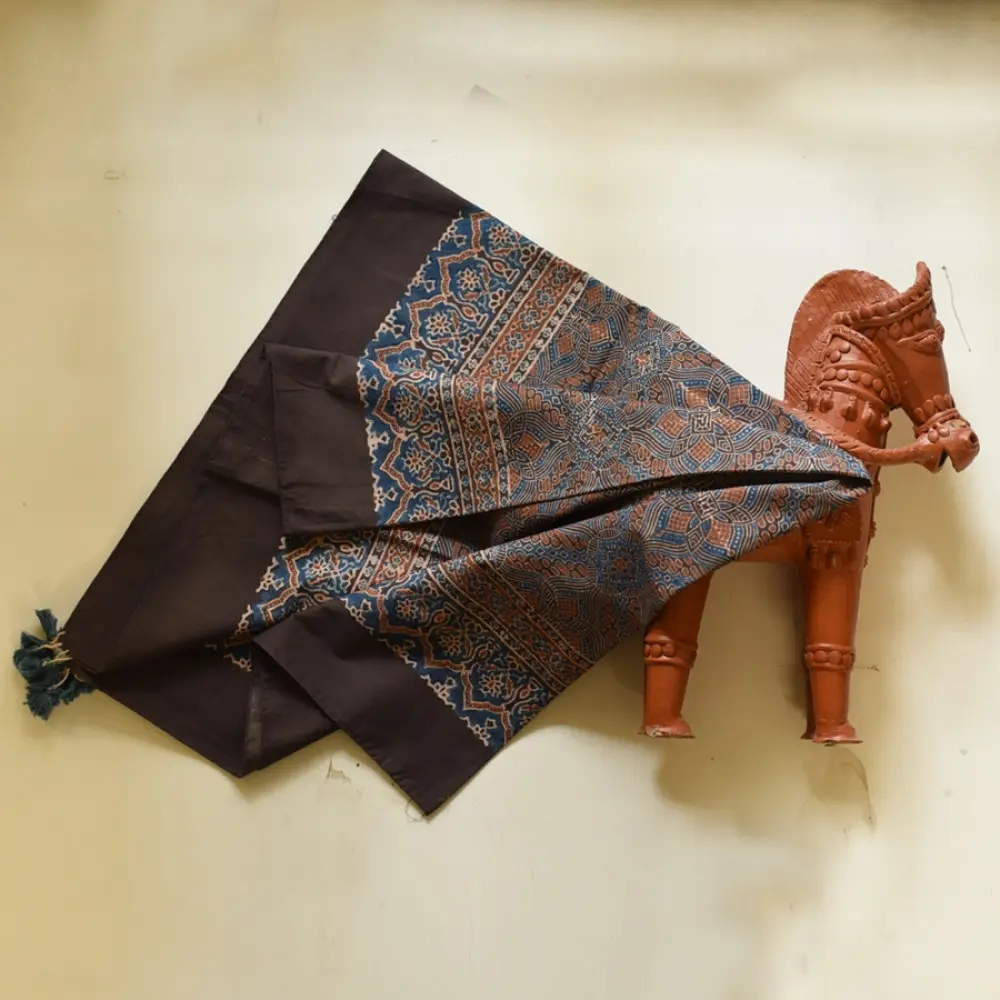 brown ajrakh silk square scarf intricate block pattern orange indigo hand block printed natural dyed scarf