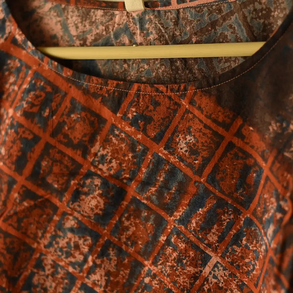 terracotta red indigo blue charcoal ajrakh cotton top diagonal geometric grid block print hand block printed boxy fit artisanal blouse women sustainable fashion natural dyed