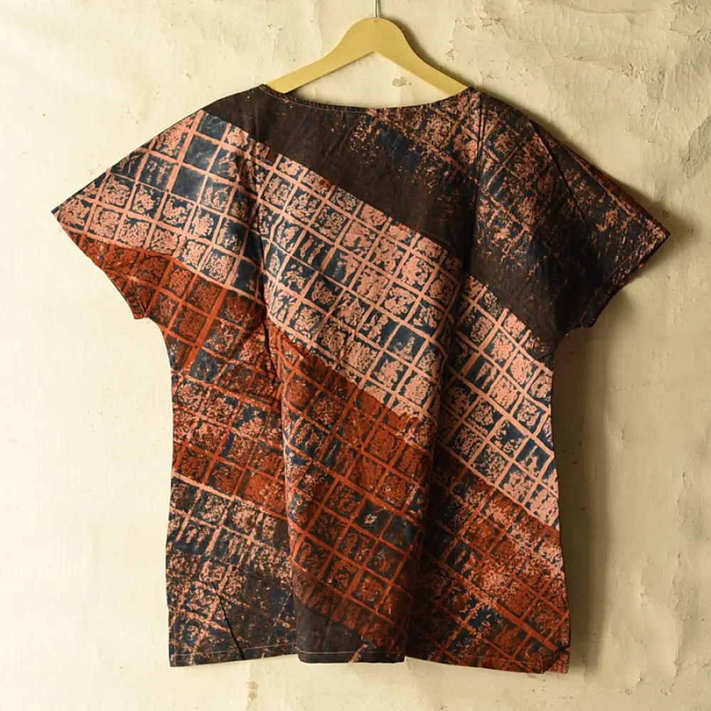 terracotta red indigo blue charcoal ajrakh cotton top diagonal geometric grid block print hand block printed boxy fit artisanal blouse women sustainable fashion natural dyed