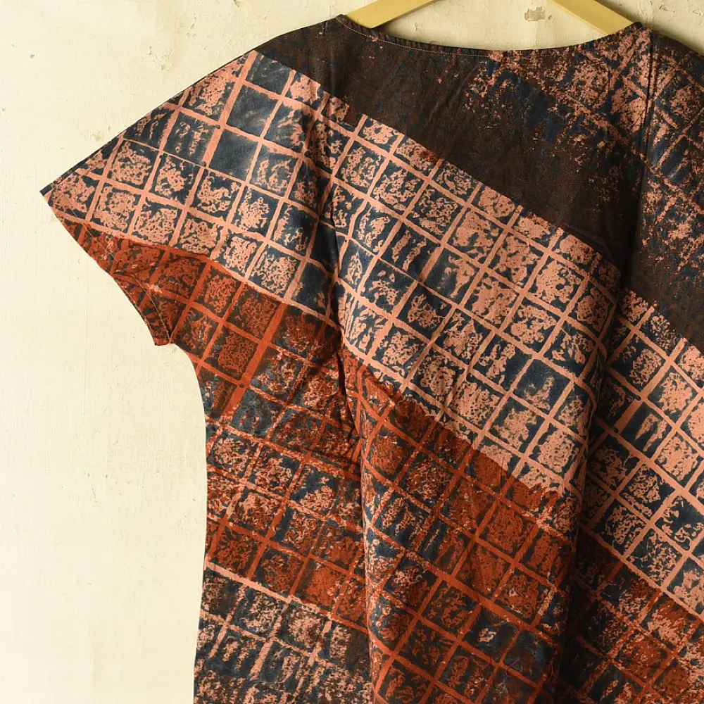 terracotta red indigo blue charcoal ajrakh cotton top diagonal geometric grid block print hand block printed boxy fit artisanal blouse women sustainable fashion natural dyed