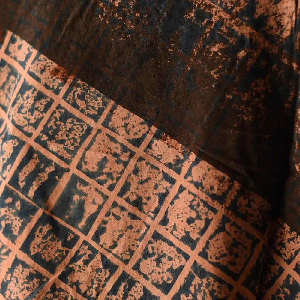 terracotta red indigo blue charcoal ajrakh cotton top diagonal geometric grid block print hand block printed boxy fit artisanal blouse women sustainable fashion natural dyed