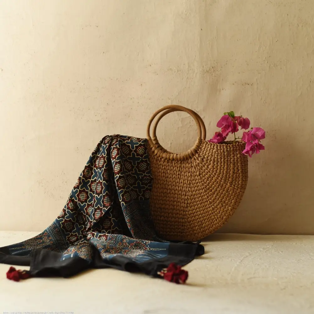 indigo red ajrakh silk square scarf jali lattice pattern hand block printed mughal inspired natural dyed scarf