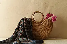 Neelanjana . नीलांजना ~ Ajrakh Block Printed - Square Modal Silk Scarf - Blue & Red
