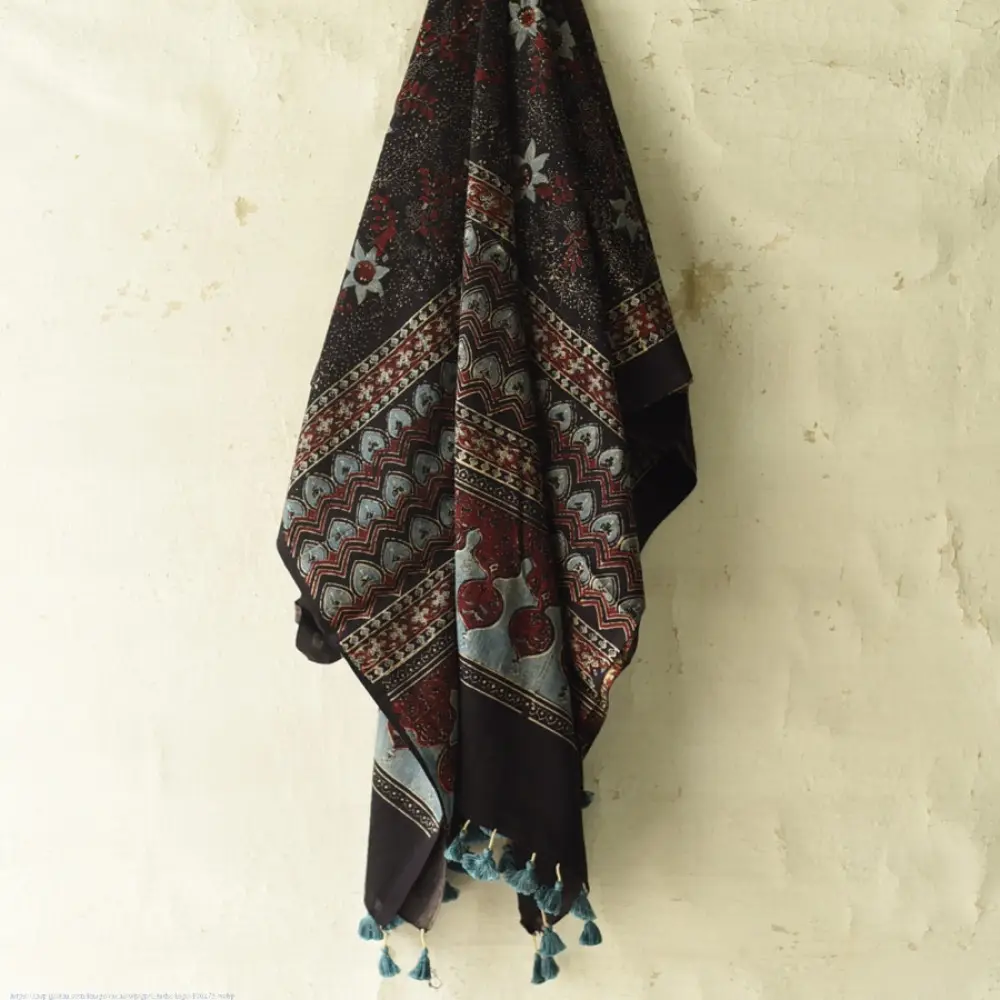 Ajrakh hand printed pure cotton dupatta with detailed floral geometry
