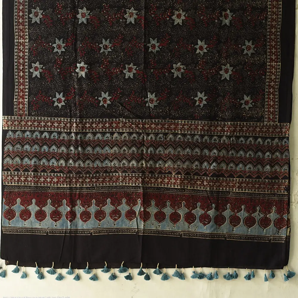 Ajrakh hand printed pure cotton dupatta with detailed floral geometry