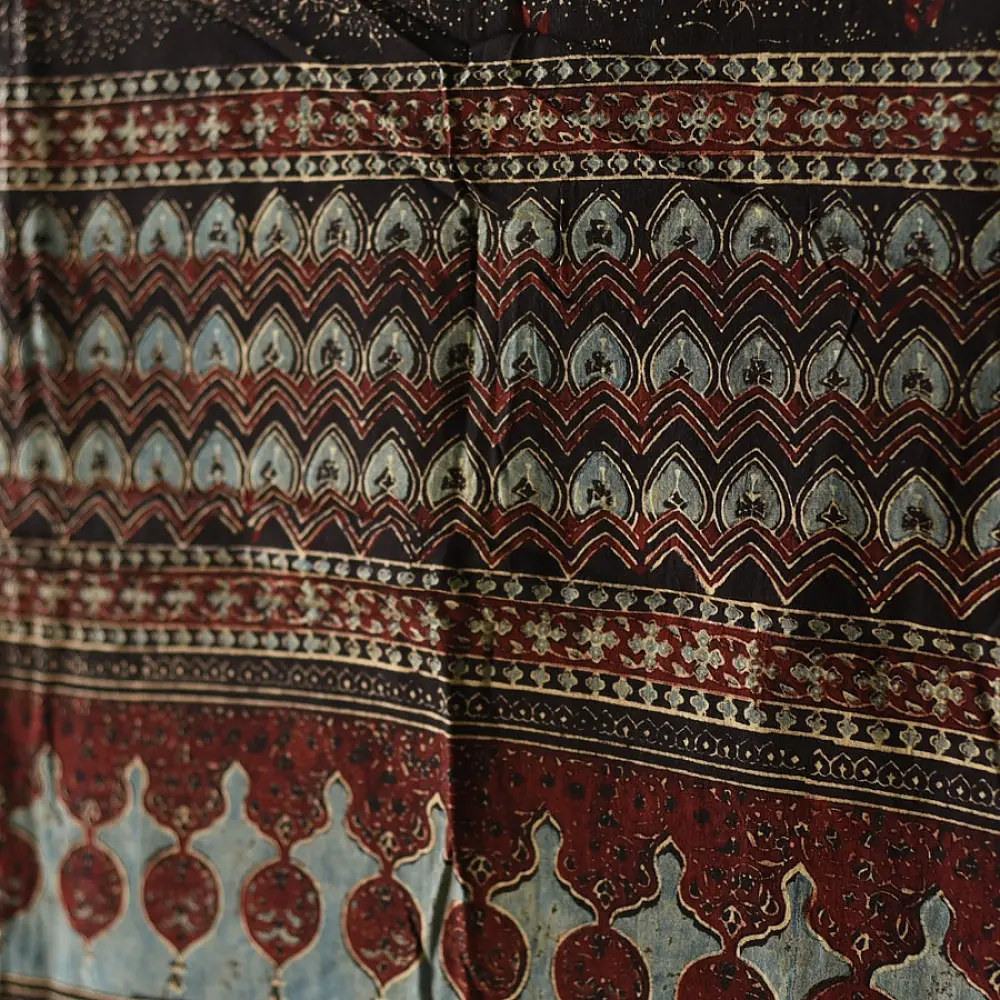Ajrakh hand printed pure cotton dupatta with detailed floral geometry