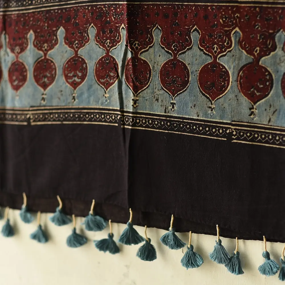 Ajrakh hand printed pure cotton dupatta with detailed floral geometry