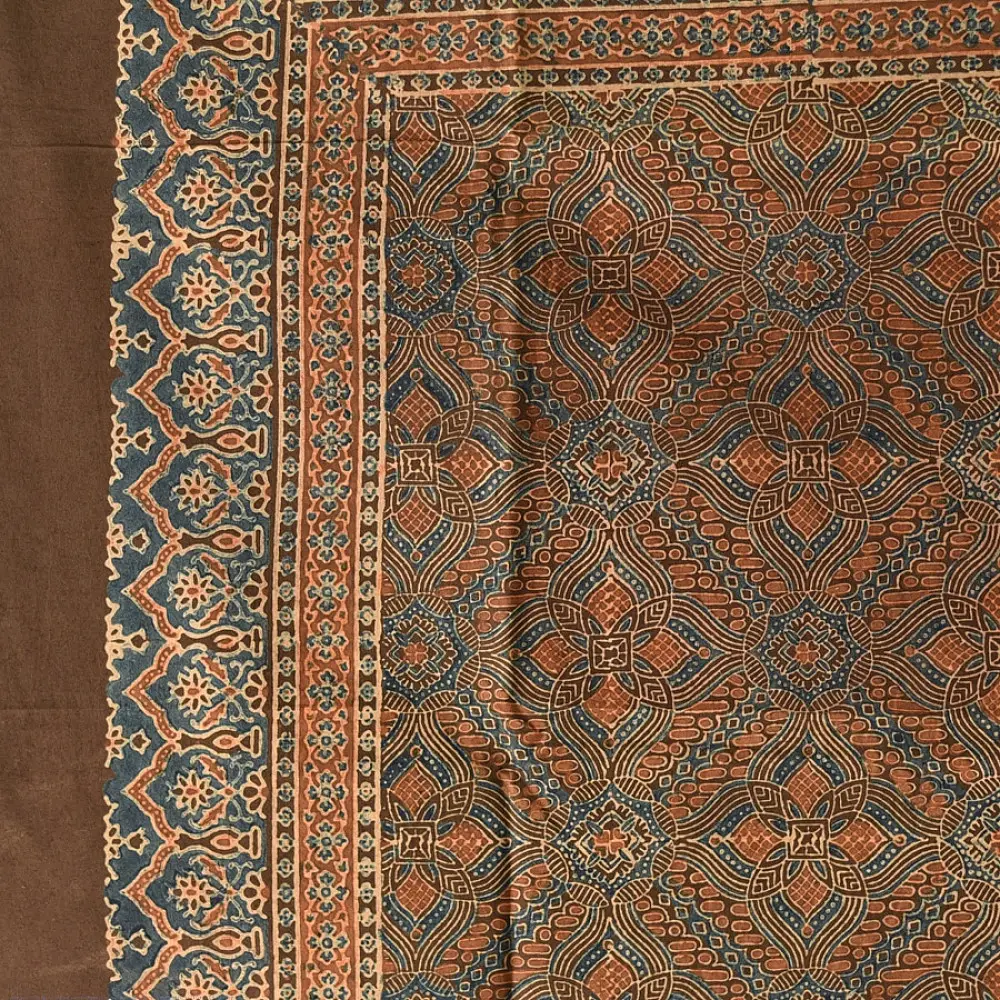 brown ajrakh silk square scarf intricate block pattern orange indigo hand block printed natural dyed scarf