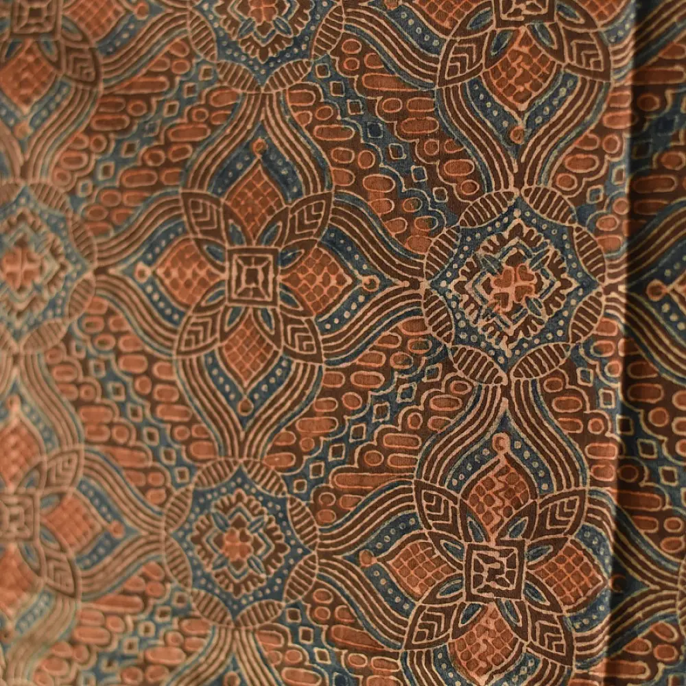 brown ajrakh silk square scarf intricate block pattern orange indigo hand block printed natural dyed scarf