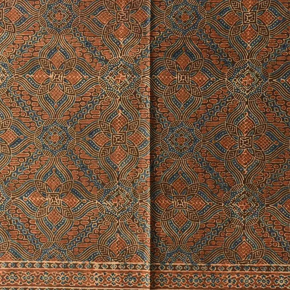 brown ajrakh silk square scarf intricate block pattern orange indigo hand block printed natural dyed scarf