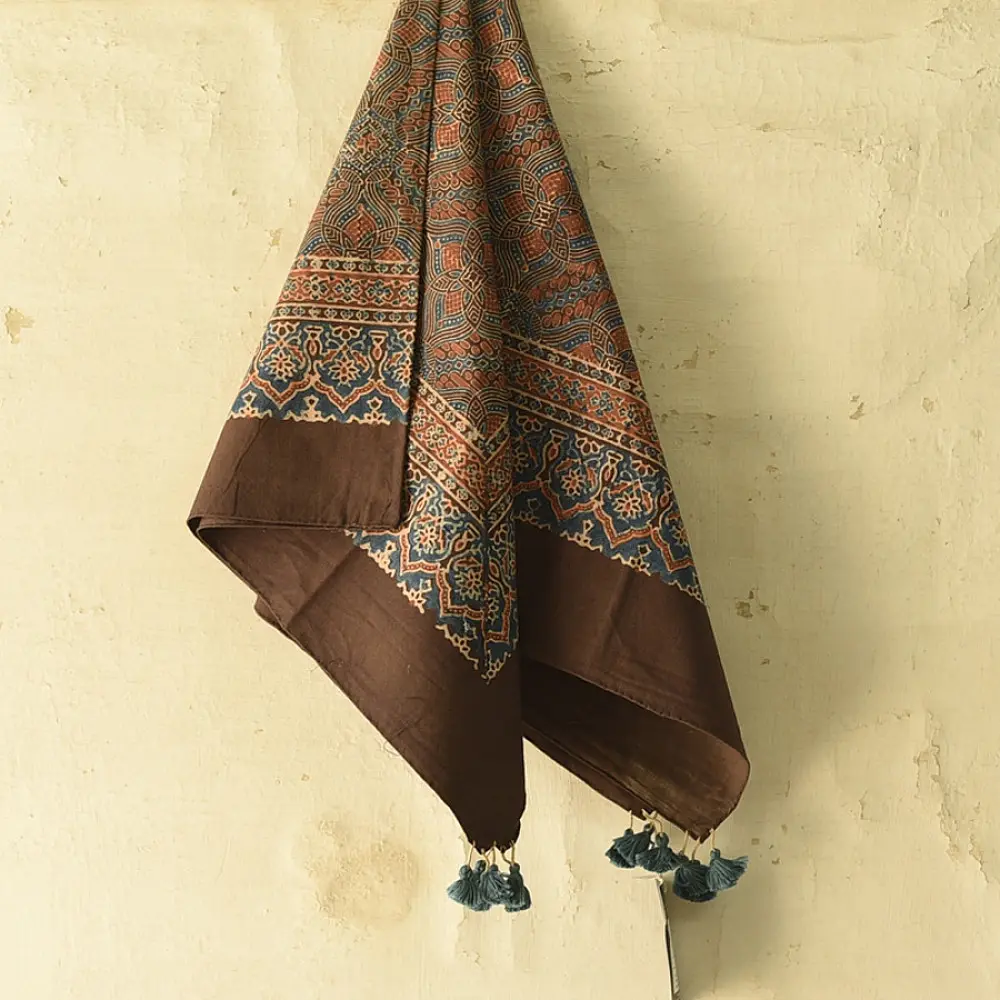 brown ajrakh silk square scarf intricate block pattern orange indigo hand block printed natural dyed scarf