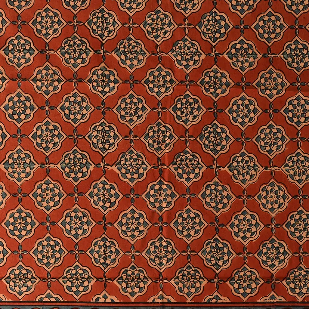 madder red indigo blue ajrakh cotton stole hand block printed floral medallion jaal body traditional paisley kalka border ornate mihrab arched detail artisanal scarf sustainable fashion natural dyed with tassels