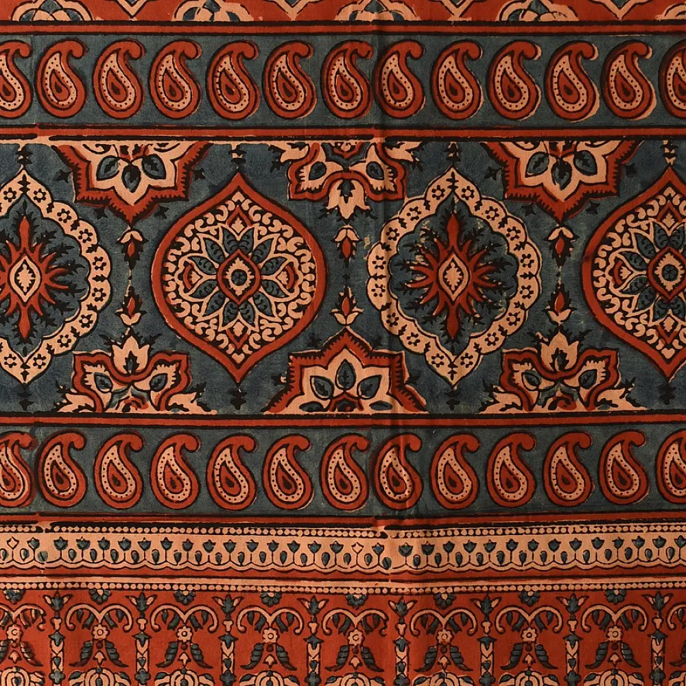 madder red indigo blue ajrakh cotton stole hand block printed floral medallion jaal body traditional paisley kalka border ornate mihrab arched detail artisanal scarf sustainable fashion natural dyed with tassels