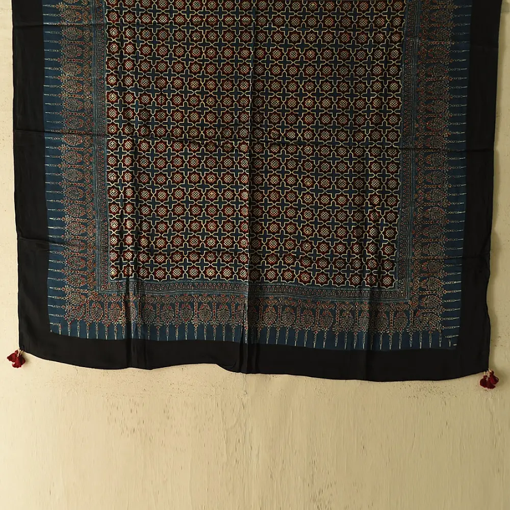 indigo red ajrakh silk square scarf jali lattice pattern hand block printed mughal inspired natural dyed scarf
