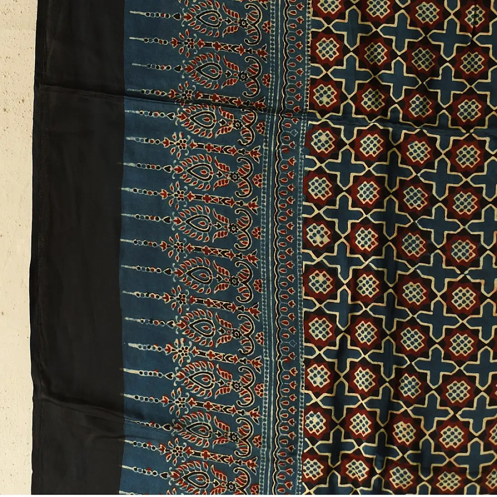 indigo red ajrakh silk square scarf jali lattice pattern hand block printed mughal inspired natural dyed scarf