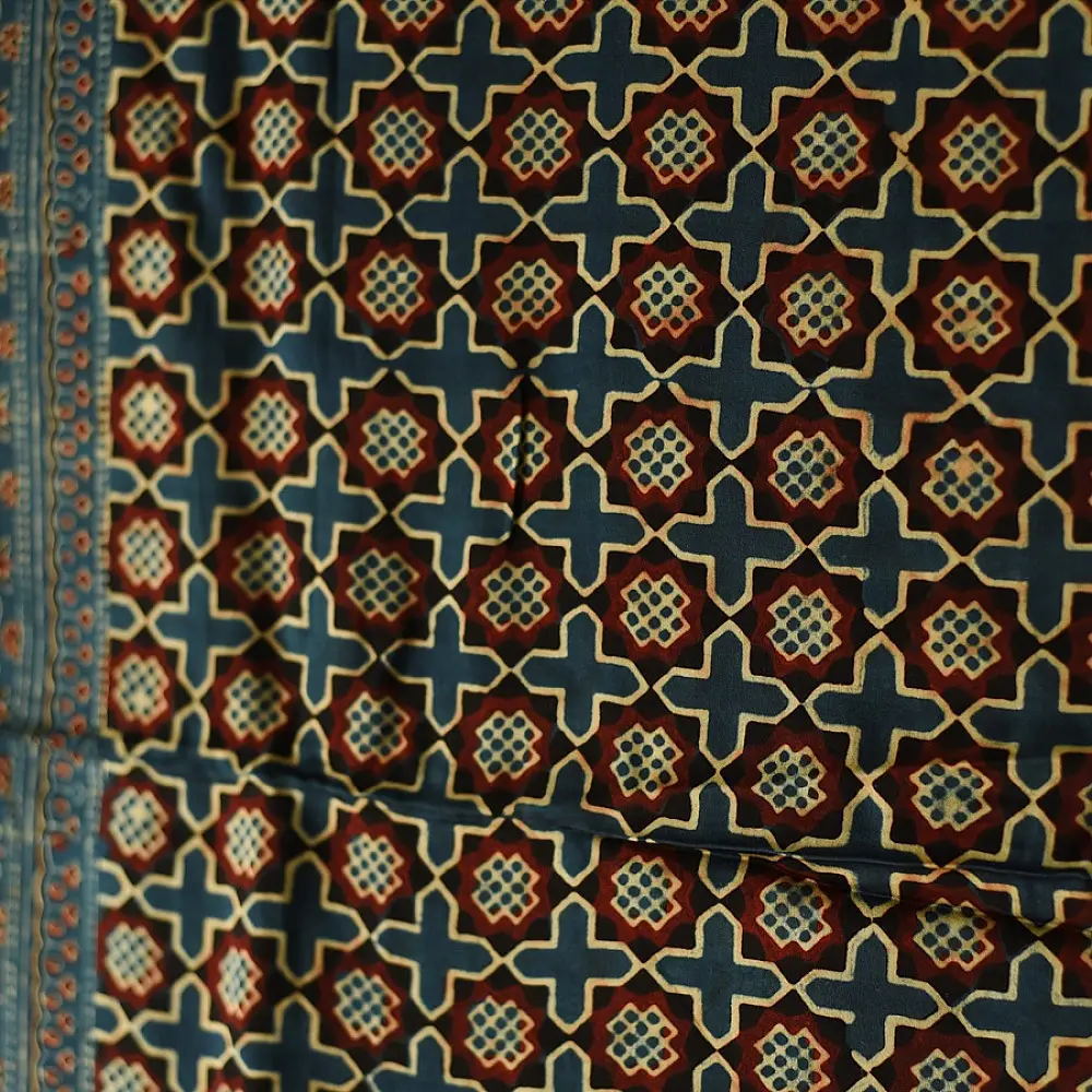indigo red ajrakh silk square scarf jali lattice pattern hand block printed mughal inspired natural dyed scarf