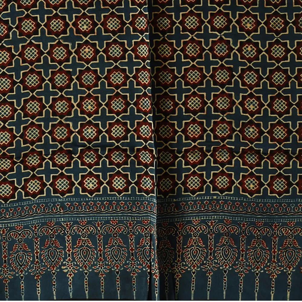 indigo red ajrakh silk square scarf jali lattice pattern hand block printed mughal inspired natural dyed scarf