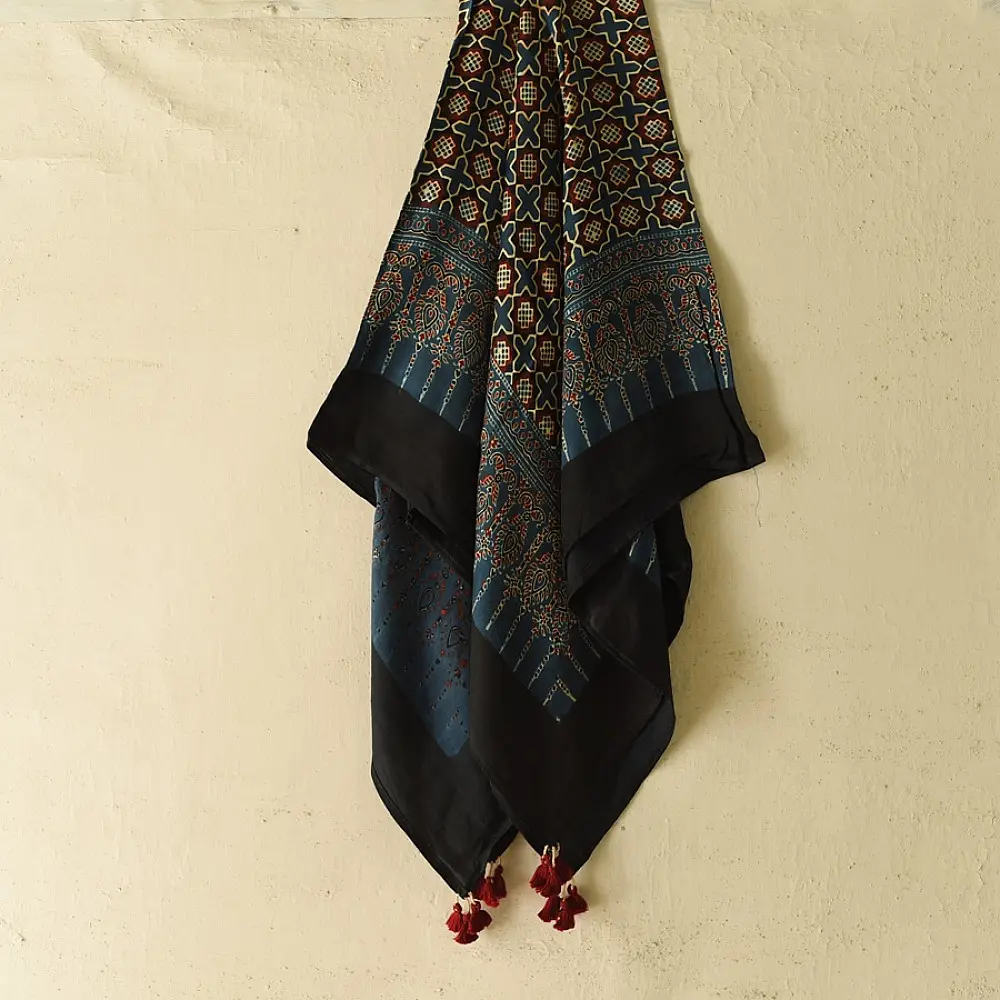 indigo red ajrakh silk square scarf jali lattice pattern hand block printed mughal inspired natural dyed scarf
