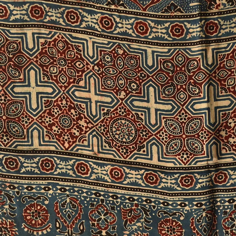 deep indigo blue madder red ajrakh modal silk dupatta hand block printed floral medallion jaal body ornate cross-lattice pallu traditional mihrab arched detail wedding festive wear sustainable luxury natural dyed with tassels