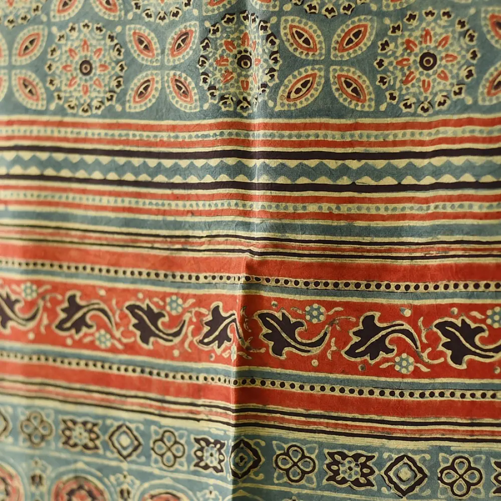mulberry silk ajrakh dupatta teal indigo blue geometric star clover jaal block print heavy red black minaret palla hand block printed natural dyed silk dupatta