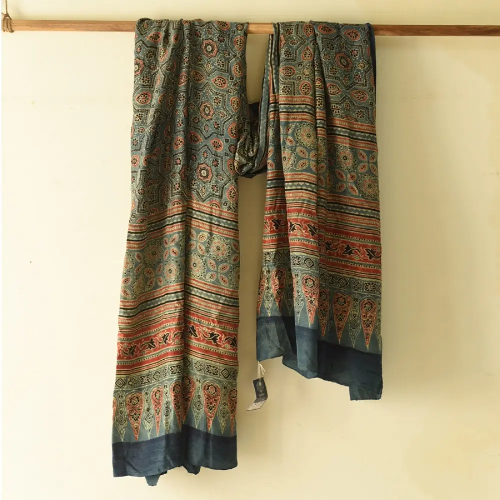 mulberry silk ajrakh dupatta teal indigo blue geometric star clover jaal block print heavy red black minaret palla hand block printed natural dyed silk dupatta
