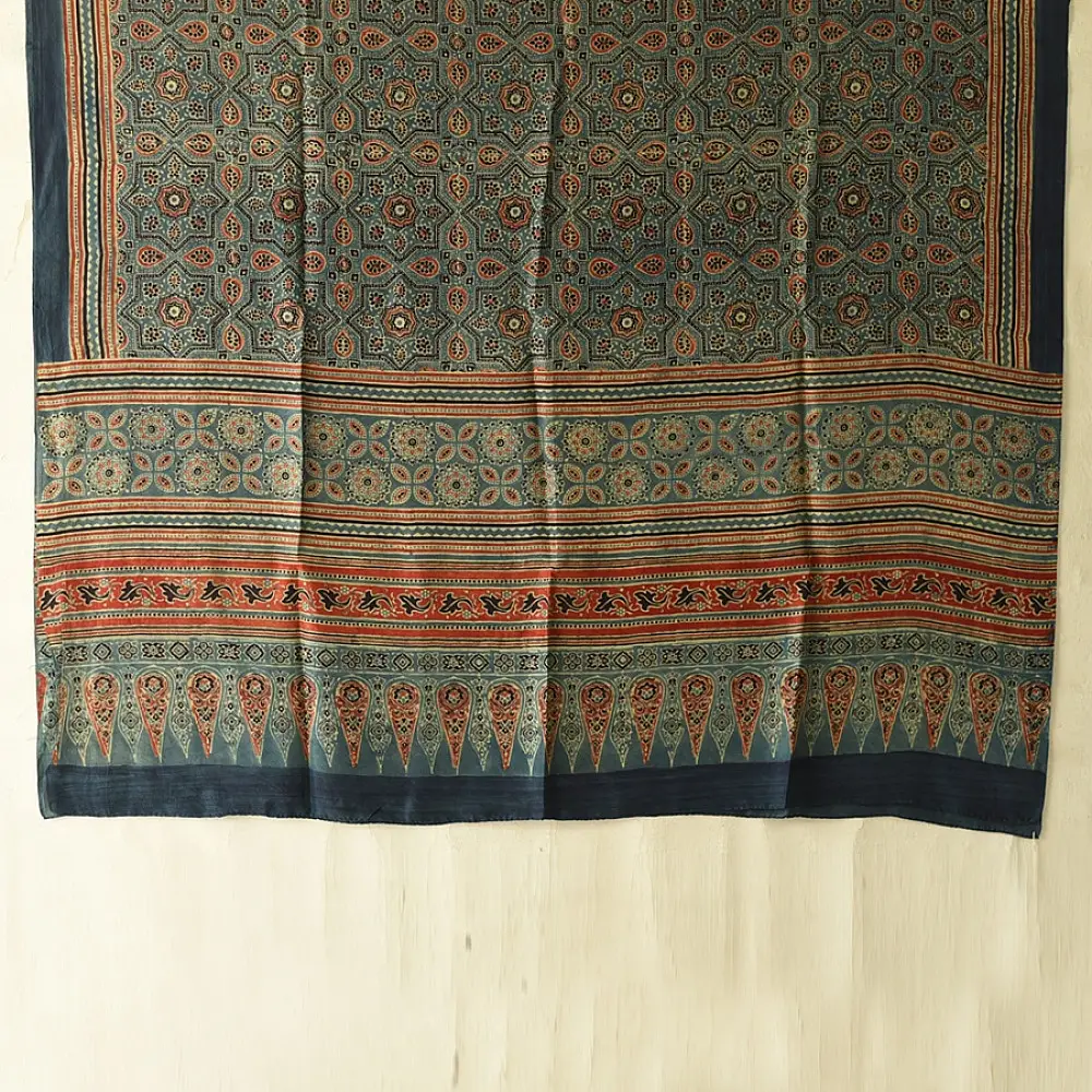 mulberry silk ajrakh dupatta teal indigo blue geometric star clover jaal block print heavy red black minaret palla hand block printed natural dyed silk dupatta