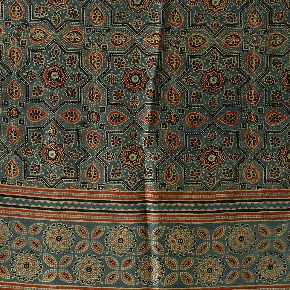 mulberry silk ajrakh dupatta teal indigo blue geometric star clover jaal block print heavy red black minaret palla hand block printed natural dyed silk dupatta