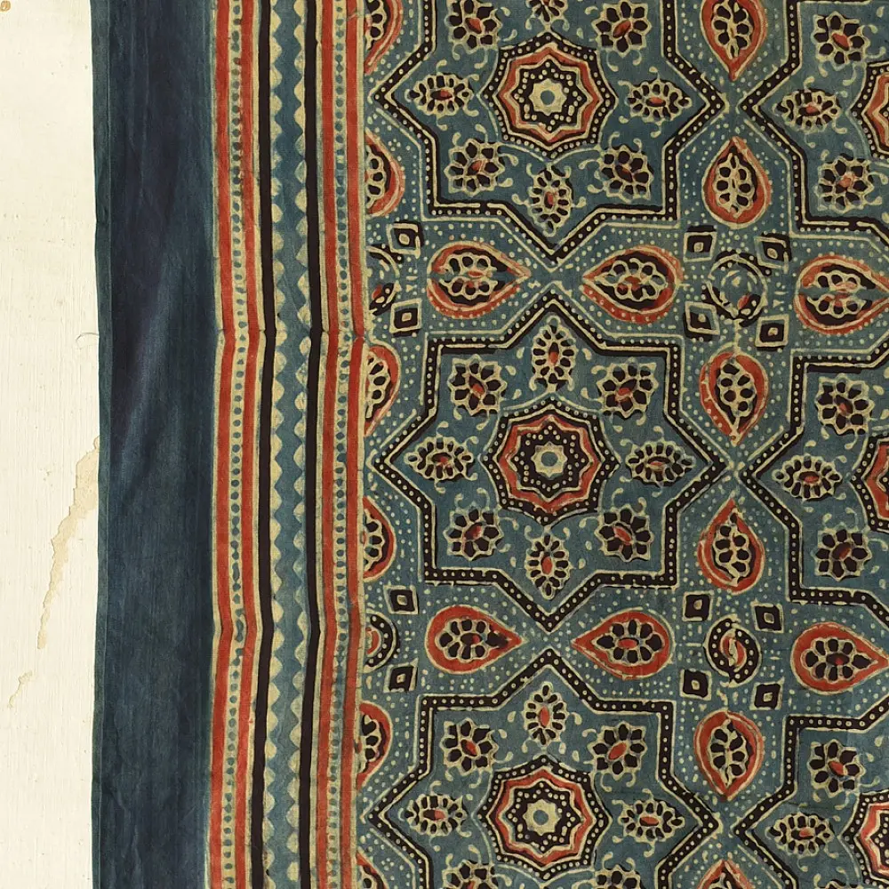 mulberry silk ajrakh dupatta teal indigo blue geometric star clover jaal block print heavy red black minaret palla hand block printed natural dyed silk dupatta