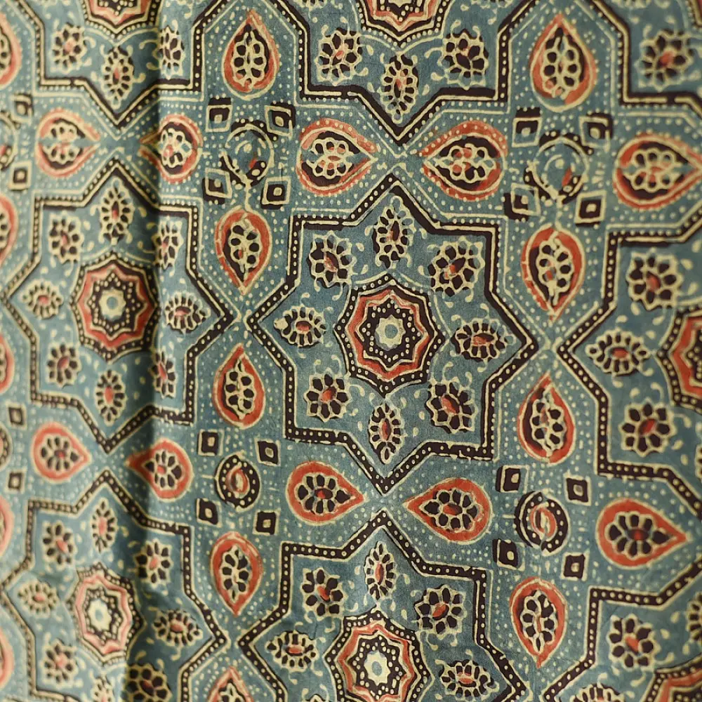 mulberry silk ajrakh dupatta teal indigo blue geometric star clover jaal block print heavy red black minaret palla hand block printed natural dyed silk dupatta
