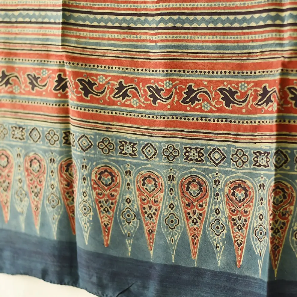 mulberry silk ajrakh dupatta teal indigo blue geometric star clover jaal block print heavy red black minaret palla hand block printed natural dyed silk dupatta