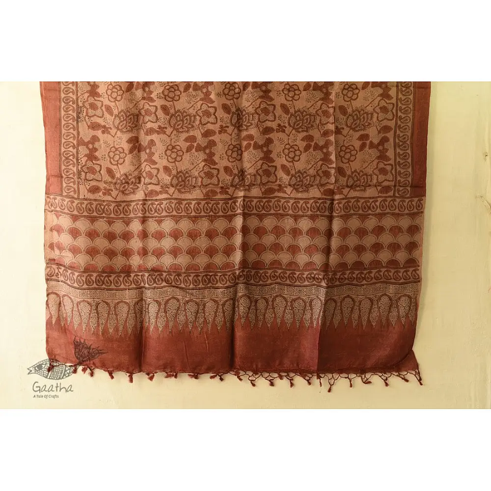 terracotta madder red ajrakh tussar silk stole hand block printed floral jaal body ornate paisley kalka border traditional mihrab arched detail artisanal scarf sustainable wild silk natural dyed
